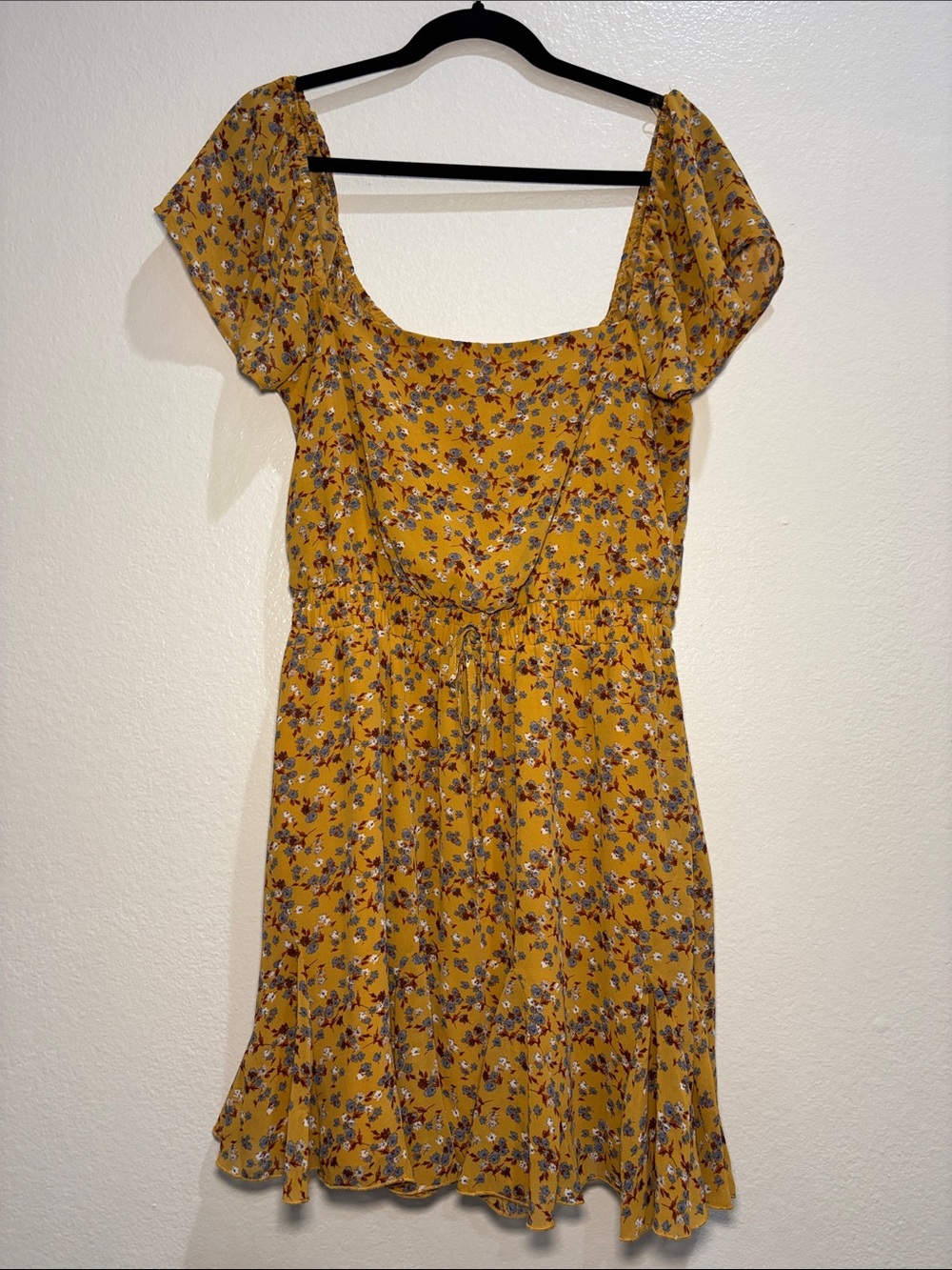 Floral Square-Neck Short Sleeve Dress in Mustard Yellow